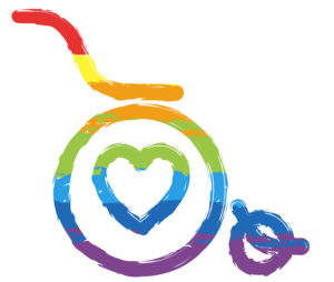 wheelchair and heart, outline icon. Drawing sign with LGBT style, seven colors of rainbow (red, orange, yellow, green, blue, indigo, violet